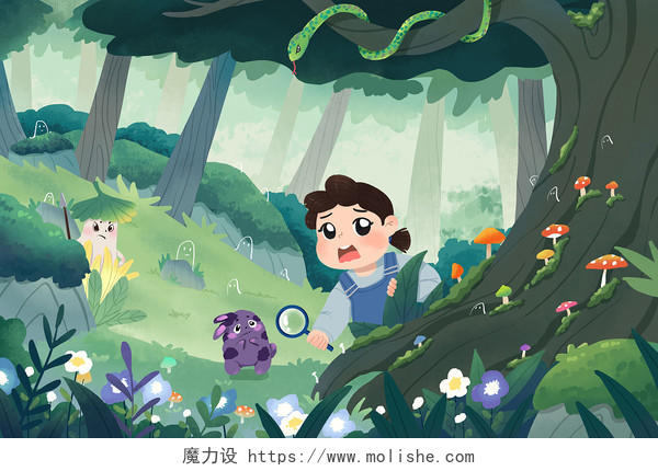 卡通女孩在森林里冒险探险插画世界森林日